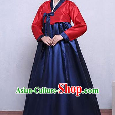 Asian Korean Dance Costumes Traditional Korean Hanbok Clothing Red Blouse and Navy Dress for Women