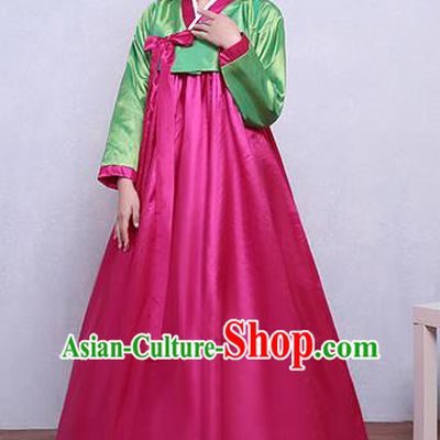 Asian Korean Dance Costumes Traditional Korean Hanbok Clothing Green Blouse and Rosy Dress for Women