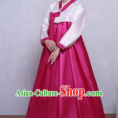Asian Korean Dance Costumes Traditional Korean Hanbok Clothing White Blouse and Rosy Dress for Women