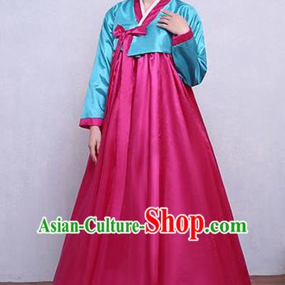 Asian Korean Dance Costumes Traditional Korean Hanbok Clothing Blue Blouse and Rosy Dress for Women