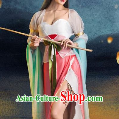 Chinese Traditional Tang Dynasty Imperial Consort Sexy Clothing, China Ancient Fairy Costume and Headpiece Complete Set