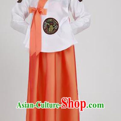 Asian Korean Palace Costumes Traditional Korean Bride Hanbok Clothing White Blouse and Orange Dress for Women
