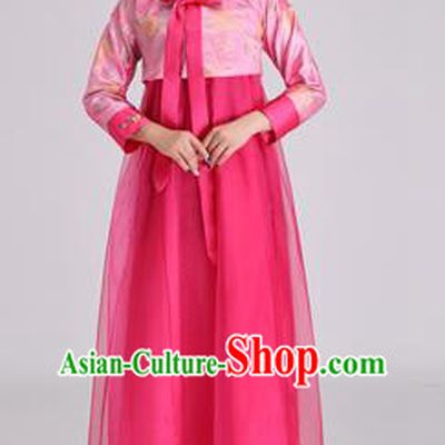 Asian Korean Palace Costumes Traditional Korean Bride Hanbok Clothing Pink Blouse and Rosy Veil Dress for Women
