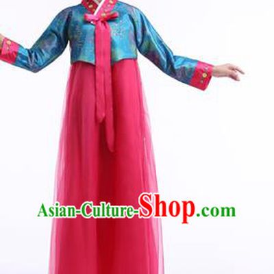Asian Korean Palace Costumes Traditional Korean Bride Hanbok Clothing Blue Blouse and Rosy Veil Dress for Women