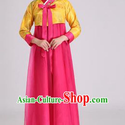 Asian Korean Palace Costumes Traditional Korean Bride Hanbok Clothing Yellow Blouse and Rosy Veil Dress for Women