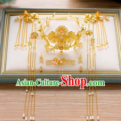 Chinese Handmade Classical Wedding Hair Accessories Ancient Xiuhe Suits Golden Phoenix Coronet Hairpins for Women