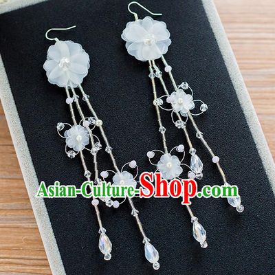 Handmade Classical Wedding Accessories Bride White Silk Flowers Tassel Earrings for Women