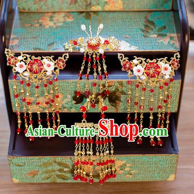 Chinese Handmade Classical Wedding Hair Accessories Ancient Xiuhe Suits Red Tassel Step Shake Hairpins for Women