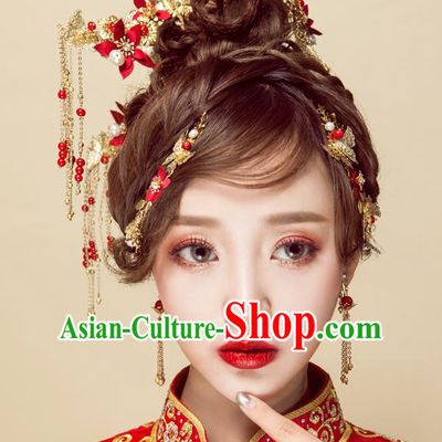 Chinese Handmade Classical Wedding Hair Accessories Ancient Xiuhe Suits Red Flowers Hair Combs Hairpins for Women
