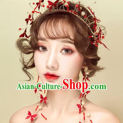 Handmade Classical Wedding Hair Accessories Bride Red Butterfly Hair Clasp Headband for Women