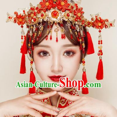 Chinese Handmade Classical Wedding Hair Accessories Ancient Xiuhe Suits Chinese Knots Phoenix Coronet Hairpins for Women