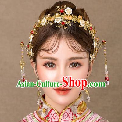 Chinese Handmade Classical Wedding Hair Accessories Ancient Shell Flowers Phoenix Coronet Hairpins Headdress for Women