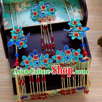 Chinese Handmade Classical Wedding Hair Accessories Ancient Cloisonne Tassel Hairpins Headdress for Women
