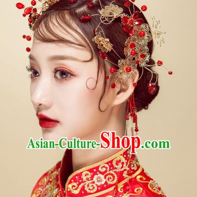 Chinese Handmade Classical Wedding Hair Accessories Ancient Red Beads Hair Stick Hairpins Headdress for Women