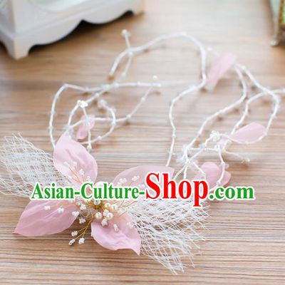 Handmade Classical Wedding Hair Accessories Bride Pink Flower Hair Stick Headband for Women