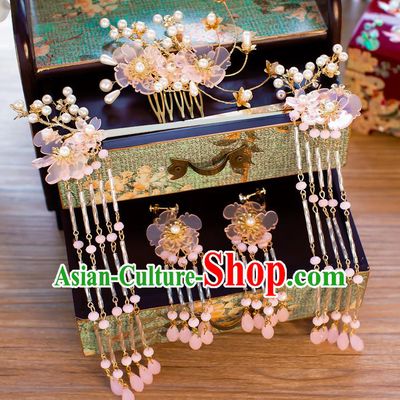 Chinese Handmade Classical Wedding Hair Accessories Ancient Tassel Hairpins Pink Flowers Hair Comb for Women