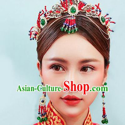 Chinese Handmade Classical Wedding Hair Accessories Ancient Phoenix Coronet Tassel Hairpins Step Shake for Women