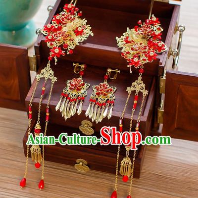 Chinese Handmade Classical Hair Accessories Ancient Palace Red Tassel Hairpins for Women