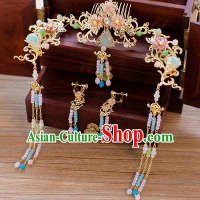Chinese Handmade Classical Hair Accessories Ancient Tassel Phoenix Coronet Hairpins Step Shake for Women