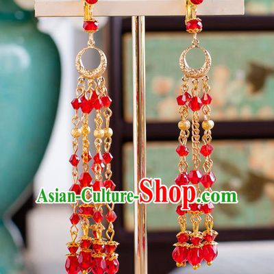 Handmade Classical Wedding Accessories Bride Red Beads Tassel Hanfu Earrings for Women