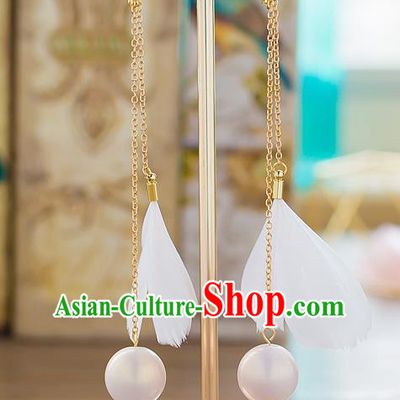 Handmade Classical Wedding Accessories Tassel Eardrop Bride Feather Pearls Earrings for Women