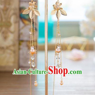 Handmade Classical Wedding Accessories Long Tassel Eardrop Bride Golden Flowers Earrings for Women