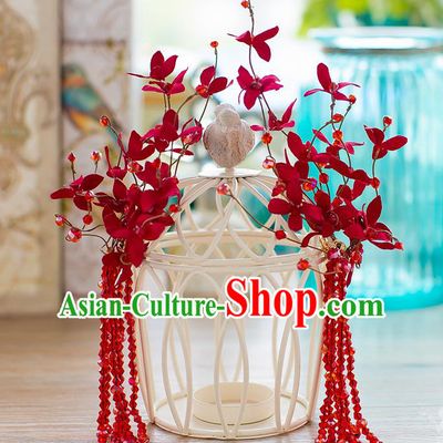 Handmade Classical Wedding Hair Accessories Bride Red Beads Hair Stick Headwear for Women