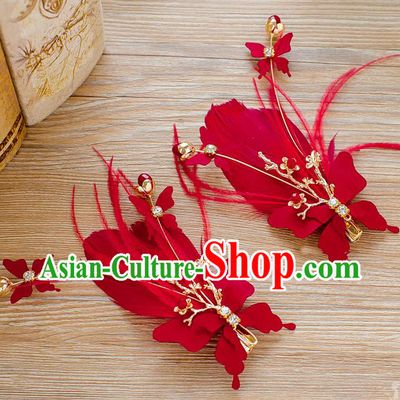 Handmade Classical Wedding Hair Accessories Bride Red Feather Hair Stick Headwear for Women