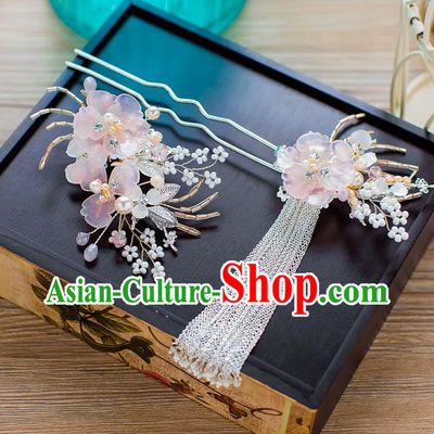 Handmade Classical Wedding Hair Accessories Bride Hair Stick Pink Flower Tassel Hairpins for Women