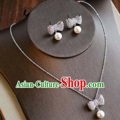 Handmade Classical Wedding Accessories Bride Crystal Bowknot Necklace and Earrings for Women