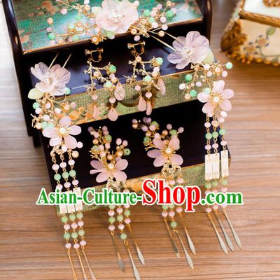 Chinese Handmade Classical Hair Accessories Ancient Pink Flowers Hair Clip Tassel Hairpins for Women