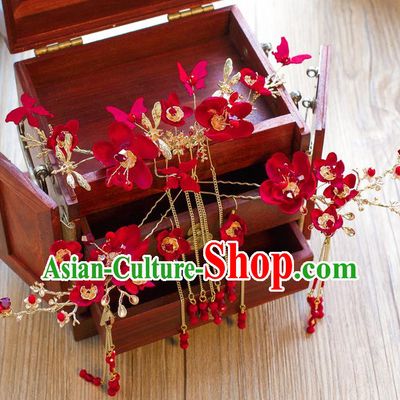 Chinese Handmade Classical Hair Accessories Ancient Bride Red Flowers Hair Coronet Tassel Hairpins for Women
