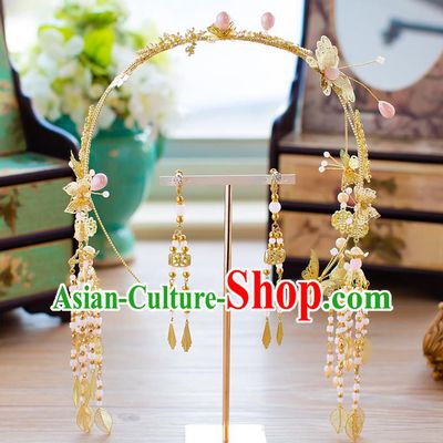 Handmade Classical Wedding Hair Accessories Bride Golden Tassel Hair Clasp and Earrings Headwear for Women