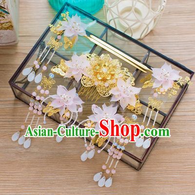 Chinese Handmade Classical Hair Accessories Ancient Pink Lotus Hair Comb Tassel Hairpins for Women
