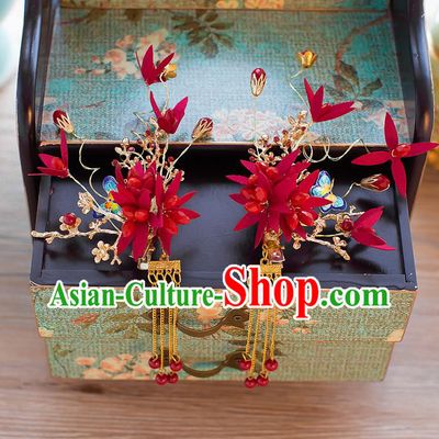 Handmade Classical Wedding Hair Accessories Bride Red Hanfu Hair Stick Headwear for Women