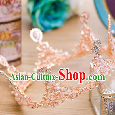 Handmade Classical Hair Accessories Baroque Pink Round Crystal Royal Crown Headwear for Women