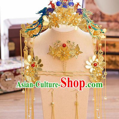 Chinese Handmade Classical Hair Accessories Ancient Cloisonne Phoenix Coronet Tassel Hairpins for Women