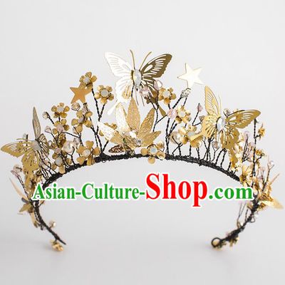 Handmade Classical Hair Accessories Baroque Bride Golden Butterfly Royal Crown Headwear for Women