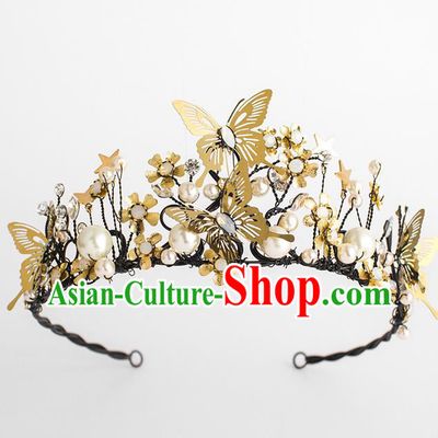 Handmade Classical Hair Accessories Baroque Bride Golden Butterfly Pearls Royal Crown Headwear for Women