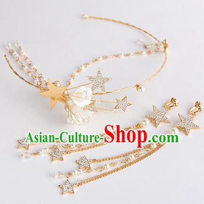Handmade Classical Wedding Hair Accessories Bride Golden Stars Hair Clasp and Earrings Headwear for Women