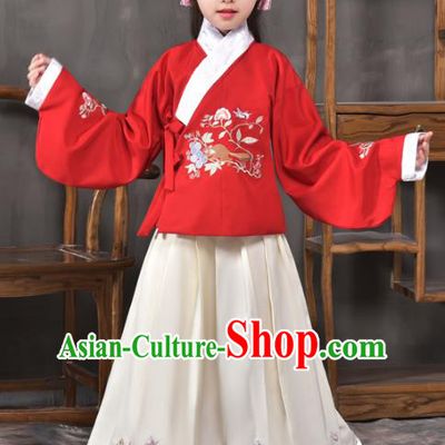 Traditional China Ming Dynasty Ancient Princess Costume Embroidered Blouse and Skirt for Kids
