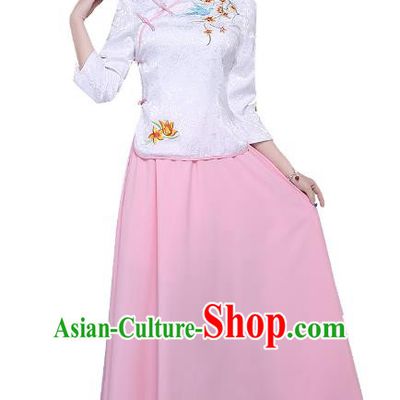Traditional Republic of China Nobility Lady Costume Embroidered Cheongsam White Blouse and Pink Skirts for Women