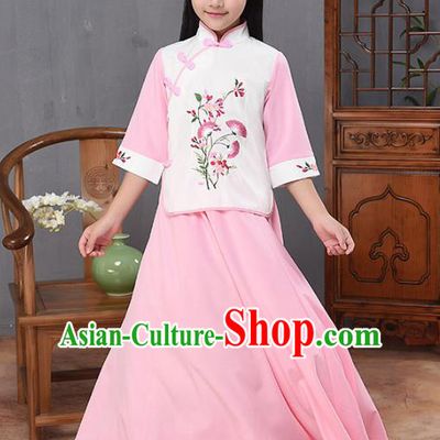 Traditional Republic of China Nobility Lady Costume Embroidered Cheongsam White Blouse and Pink Skirts for Kids