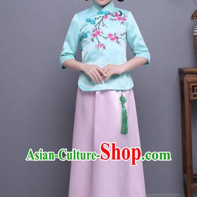Traditional Republic of China Nobility Lady Costume Embroidered Cheongsam Blue Blouse and Pink Skirts for Kids