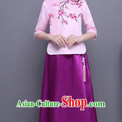 Traditional Republic of China Nobility Lady Costume Embroidered Cheongsam Pink Blouse and Purple Skirts for Kids