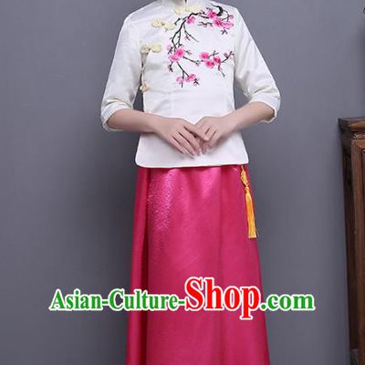 Traditional Republic of China Nobility Lady Costume Embroidered Cheongsam White Blouse and Pink Skirts for Kids
