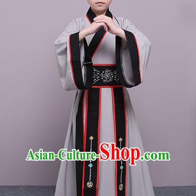 Traditional China Han Dynasty Minister Costume, Chinese Ancient Scholar Hanfu Grey Robe Clothing for Kids