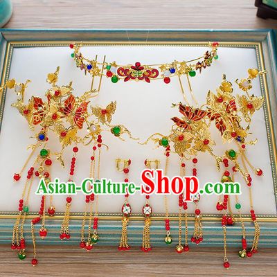 Chinese Handmade Classical Hair Accessories Xiuhe Suit Bride Tassel Hairpins Butterfly Step Shake Complete Set for Women