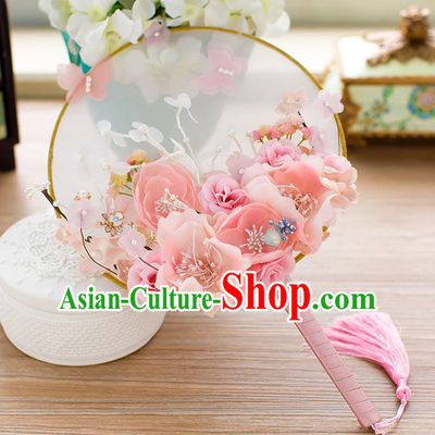 Chinese Handmade Classical Pink Peony Palace Fans Ancient Wedding Round Fans for Women
