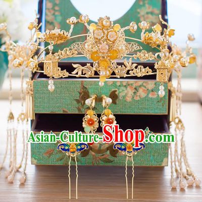 Chinese Handmade Classical Hair Accessories Wedding Golden Phoenix Coronet Hairpins Complete Set